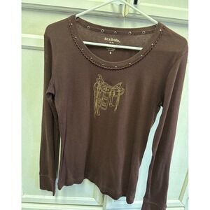 Bit & Bridle Brown Saddle Embroidered Long Sleeve Top Western Blouse S